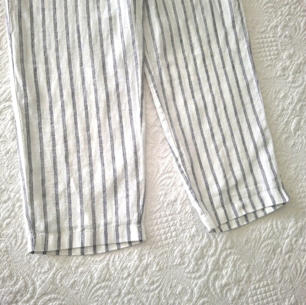 Quince S NWT 100% Linen Striped Pants Tapered Ankle Cream Black - Picture 5 of 7